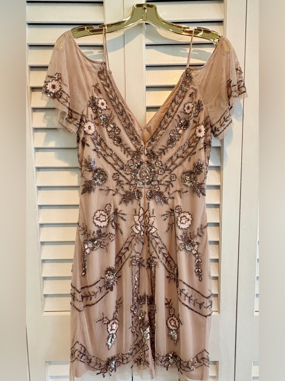 Aidan Mattox Dress Beaded Gatsby Cocktail Nude Champagne Floral Sequin Mesh 4 - Picture 8 of 14